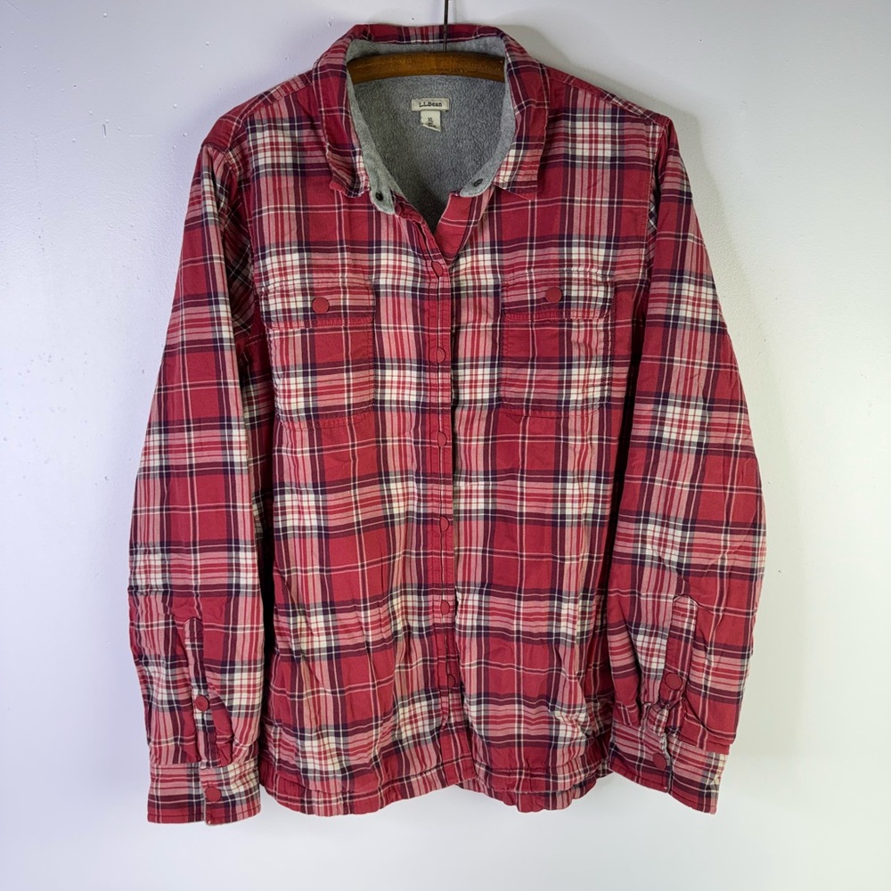 L.L. Bean Womens XL Plaid Flannel Jacket With Fleece Lining Red/White